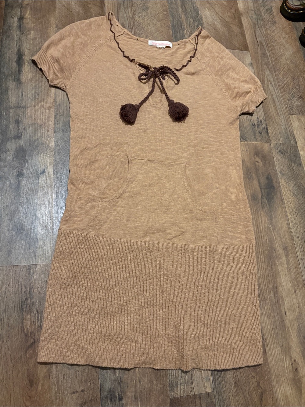 Y2K Charlotte Ronson Tan Knit Hoodie Dress with Pom-Tie
